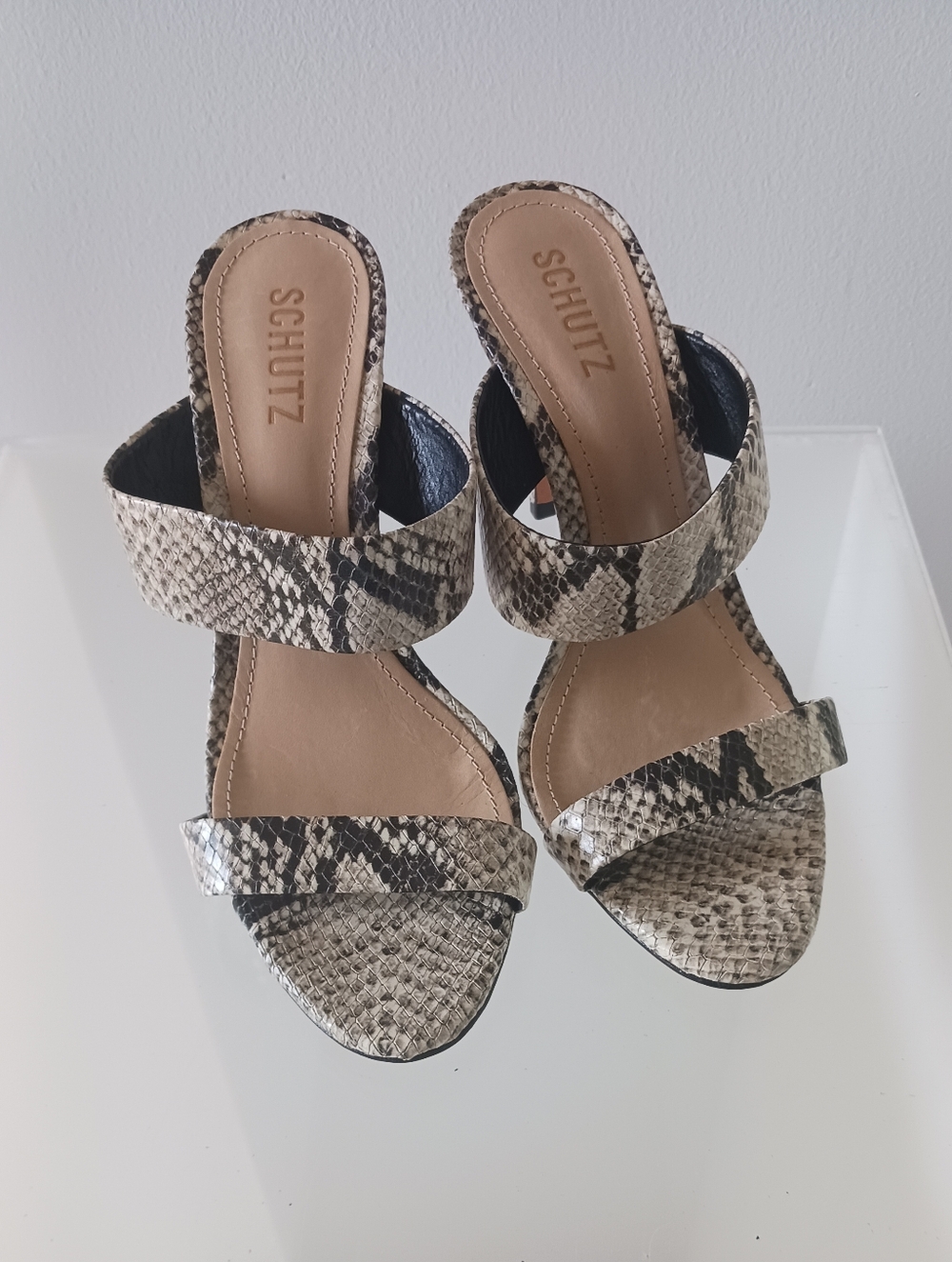 SCHUTZ Snake-embosed Double Strap Heels in Beige and Black Size 7